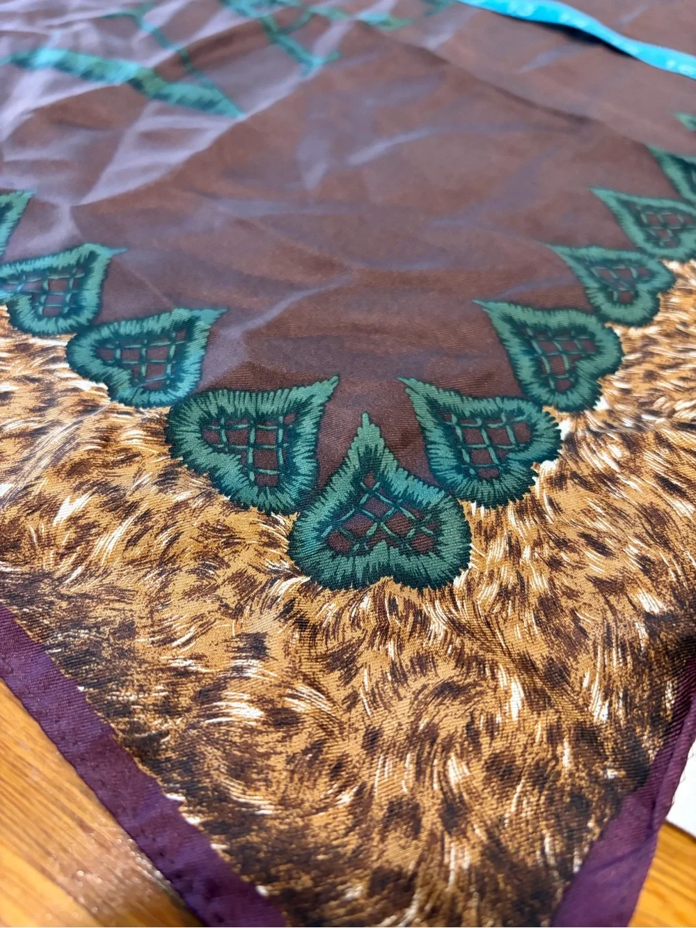 Silk Monogram Valentino Scarf in Brown with Teal Trim